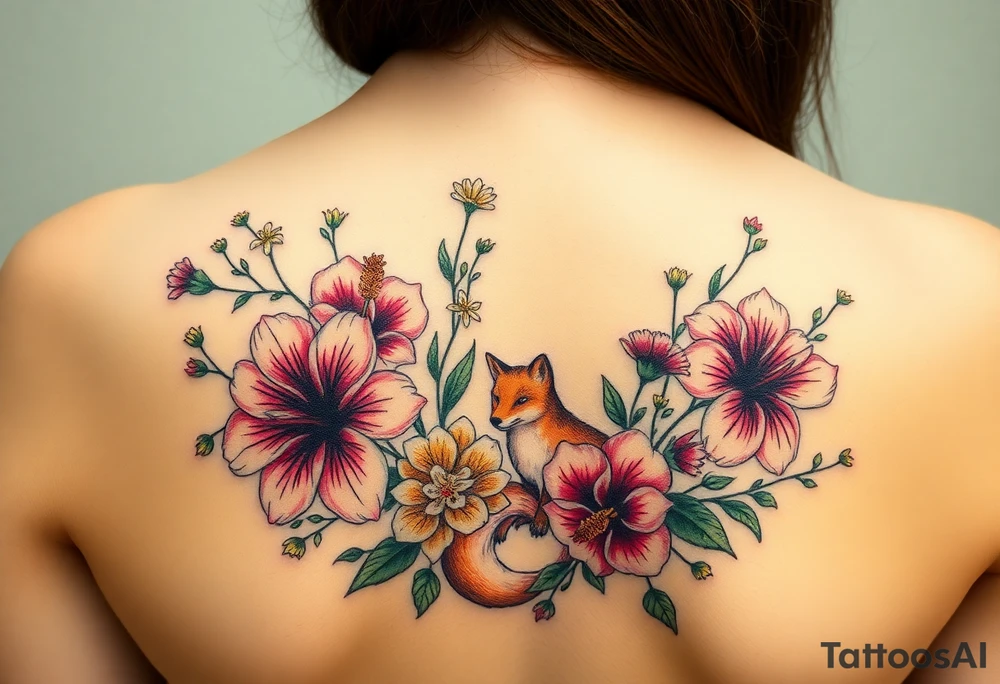 vintage bouquet of wild hibiscus
 and meadow flowers with morning dew and a fox tattoo idea