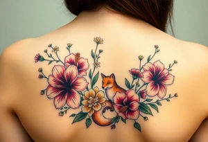 vintage bouquet of wild hibiscus
 and meadow flowers with morning dew and a fox tattoo idea