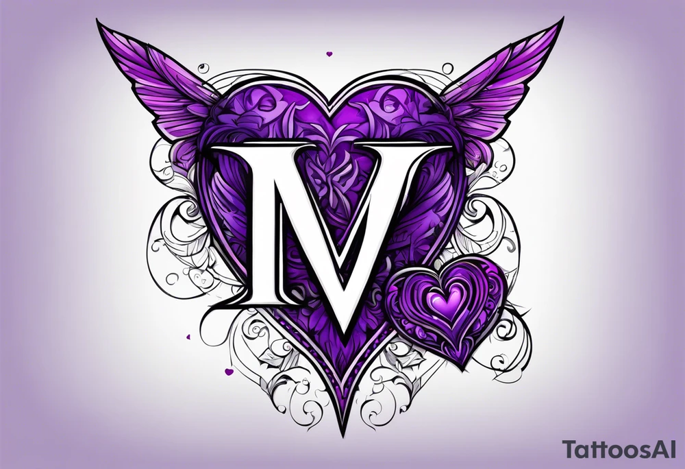 Letter M, cross, heart, purple tattoo idea