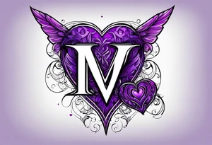 Letter M, cross, heart, purple tattoo idea