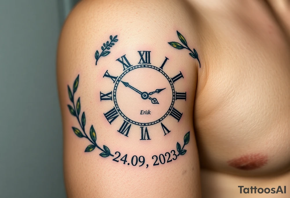 A Roman numeral clock surrounded by olive branches, with baby´s name "Erik" and birth date "24. 09. 2023 in muted green and gold tattoo idea