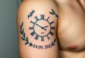 A Roman numeral clock surrounded by olive branches, with baby´s name "Erik" and birth date "24. 09. 2023 in muted green and gold tattoo idea