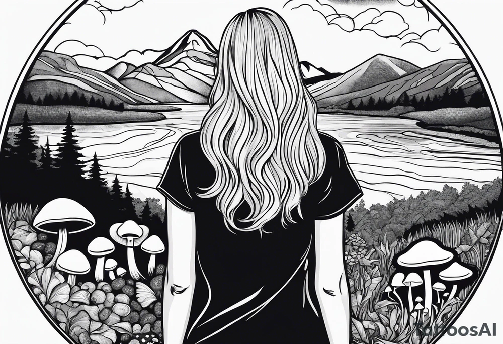 Straight long blonde hair hippie girl in distance holding mushrooms in hand facing away toward mountains and creek surrounded by mushrooms tee shirt and hiking pants; whole rendering within a circle tattoo idea