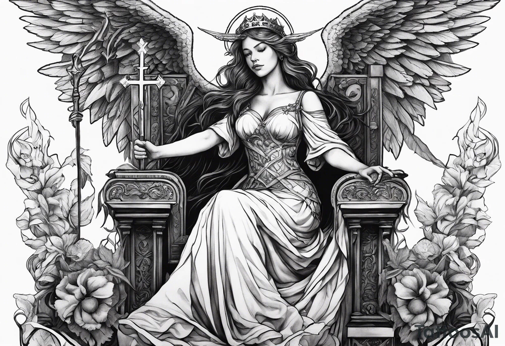 girl angel sitting in a throne with a staff with a cross at the top, a devil laying on the ground by the angels feet being stabbed in the chest by the staff tattoo idea