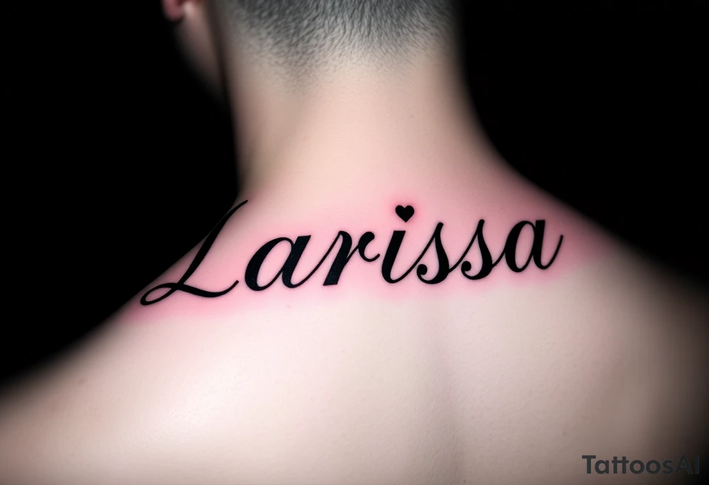 Can you make the name larissa in cursive but in black but put a little heart in above the i and the r and add a faint but visable red glowing around the name tattoo idea