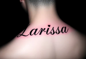 Can you make the name larissa in cursive but in black but put a little heart in above the i and the r and add a faint but visable red glowing around the name tattoo idea