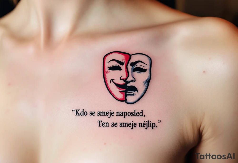 "Kdo se smeje naposled, ten se smeje nejlip." — A stylized theater mask half-laughing, half-serious in contrasting black and red, with the proverb underneath in bold lettering. tattoo idea