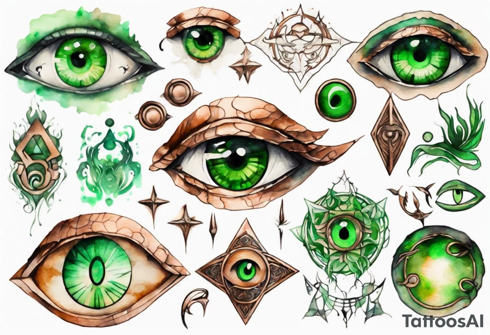 a copper and green eye-symbol tattoo idea