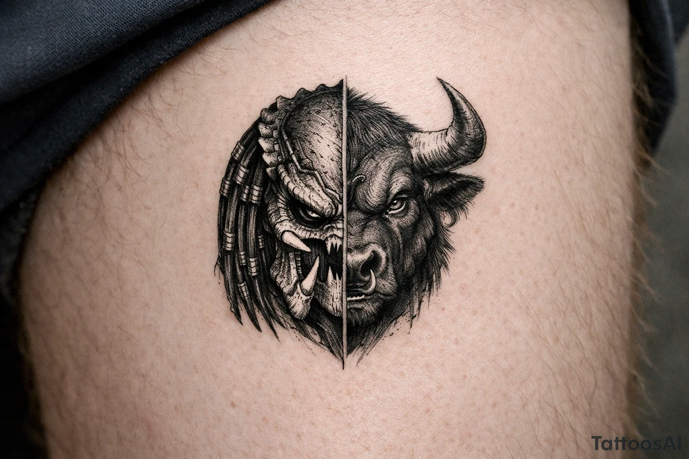 a face half predator half bull tattoo idea