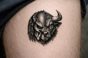 a face half predator half bull tattoo idea