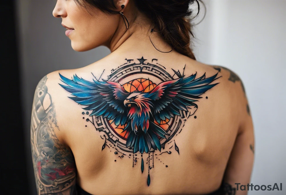 Wide tattoo that appears to be bursting out of the skin, symbolizing freedom. The tattoo should be vibrant and dynamic, with bold lines and colors that evoke a sense of liberation and empowerment. Consider incorporating elements such as broken chains, or other symbols of freedom. The tattoo should be visually striking and thought-provoking, inviting the viewer to reflect on the importance of personal freedom. tattoo idea