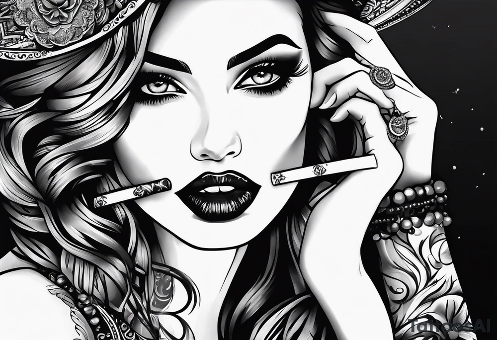 Woman smoking and ad the end ofmthe smoke apears a eye with a tear tattoo idea