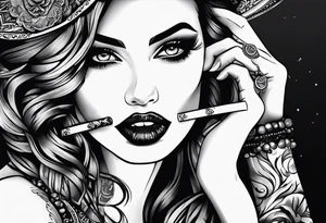 Woman smoking and ad the end ofmthe smoke apears a eye with a tear tattoo idea