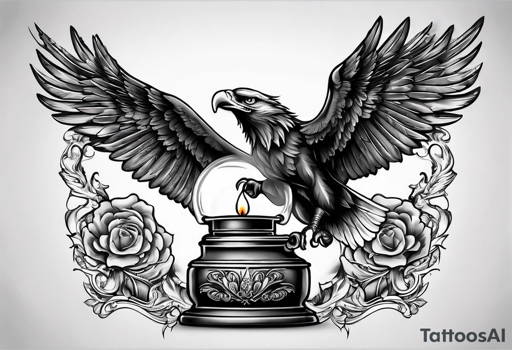 Extinguished oil lamp with smoke and eagle wings tattoo idea