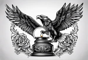 Extinguished oil lamp with smoke and eagle wings tattoo idea
