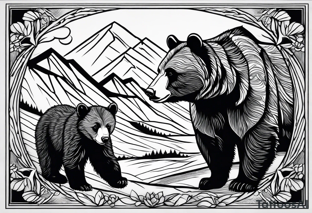 mamma bear and cub with mountains tattoo idea