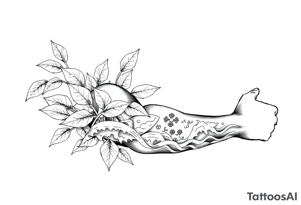 leafs, waves and wind sleeve tattoo idea