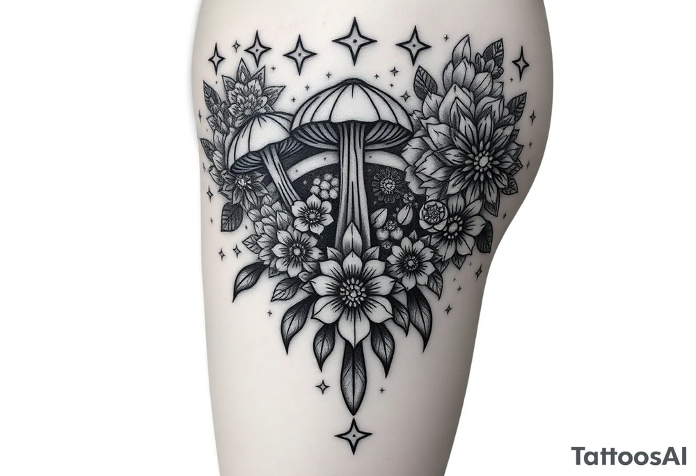 Could you possible make me a cool nature tattoo with mushrooms crystals  flowers mandala boho but colorful and psychedelic colorful too that would wrap from front of hip around side to mid back to cover an existing one I have incorporating the stars I have already and only covering some going with shape of curves of female body wrapping from front of hip around side to back tattoo idea