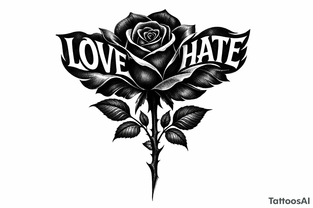 Single rose, petals morphing into bold love and hate lettering. tattoo idea
