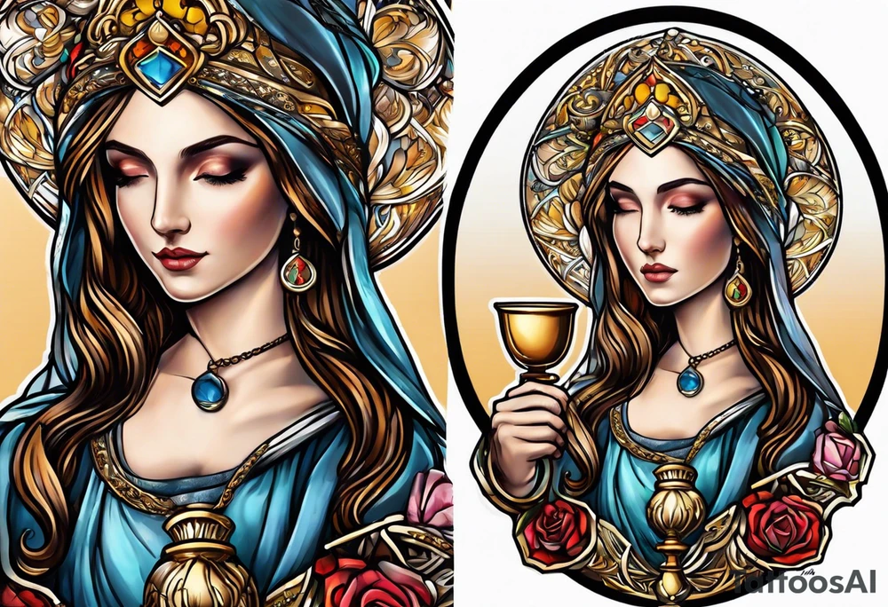 Female saint holding a chalice tattoo idea