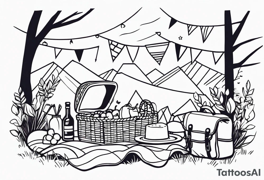 picnic scene in nature with a blanket, a basket, a backpack and party pennants. Thin lines. tattoo idea