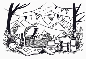picnic scene in nature with a blanket, a basket, a backpack and party pennants. Thin lines. tattoo idea