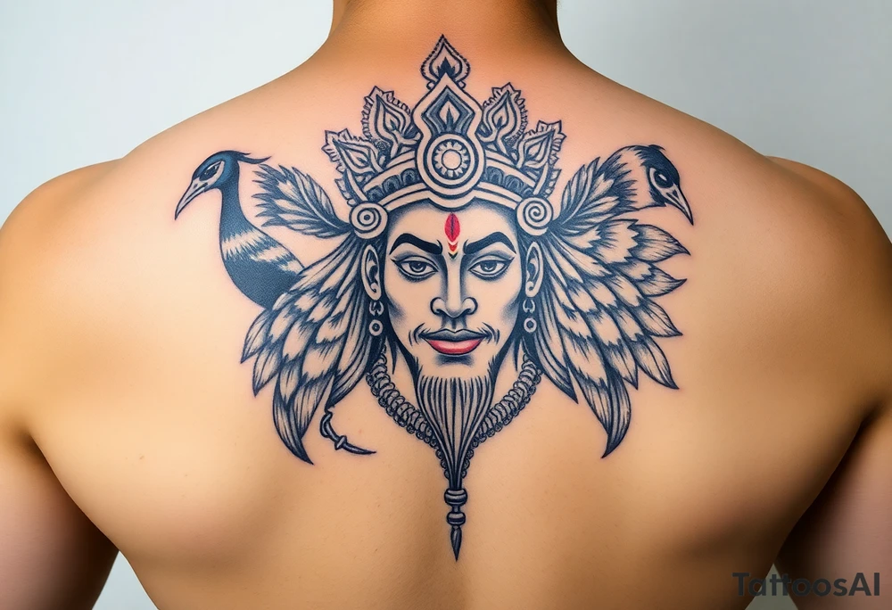 hindu god lord murugan tattoo with face and peacock surrounding it tattoo idea