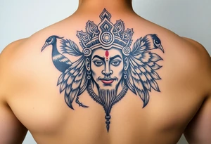 hindu god lord murugan tattoo with face and peacock surrounding it tattoo idea