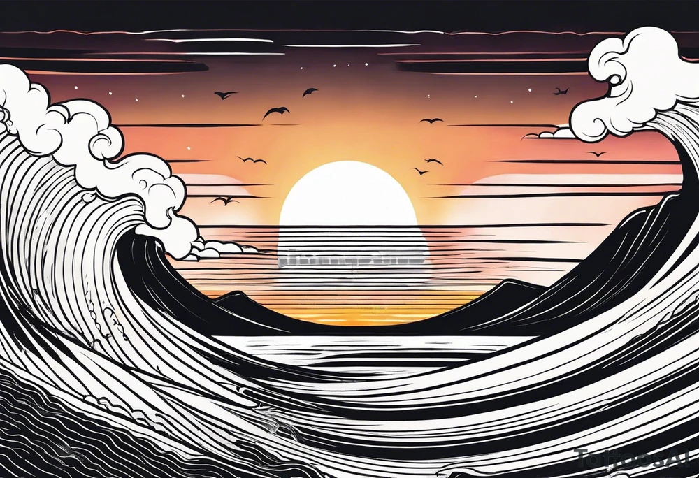 hand drawn minimal sunset. Only waves and sunset in the image. tattoo idea