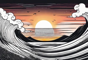hand drawn minimal sunset. Only waves and sunset in the image. tattoo idea