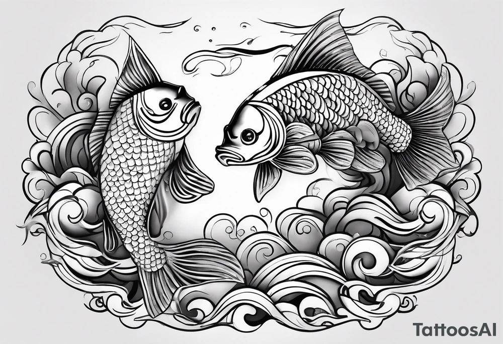 twin coi fish one red one black with waves and lotus flowers tattoo idea