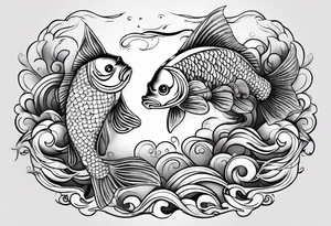 twin coi fish one red one black with waves and lotus flowers tattoo idea