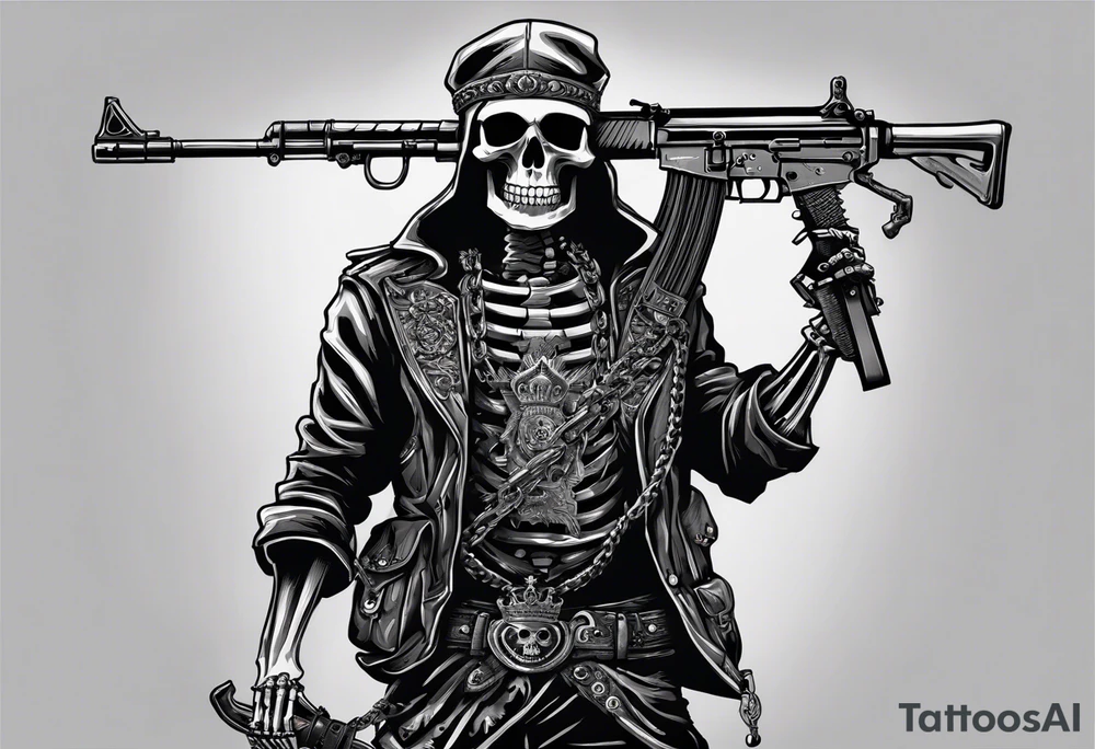image of a skeleton standing frontally with a crown on his head, holding an AK-47 on his shoulder with his right hand. The chain on the left should be taut, there are three angry barking Dobermans in it, near the waist tattoo idea