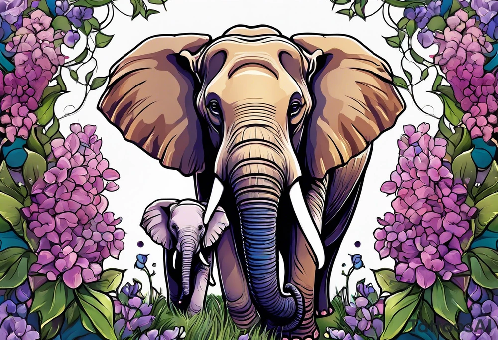 Elephant with baby Elephant holding lilacs tattoo idea