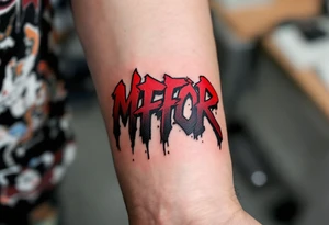 Graffiti-inspired bold red and black lettering, giving the tattoo an urban, rebellious edge. tattoo idea