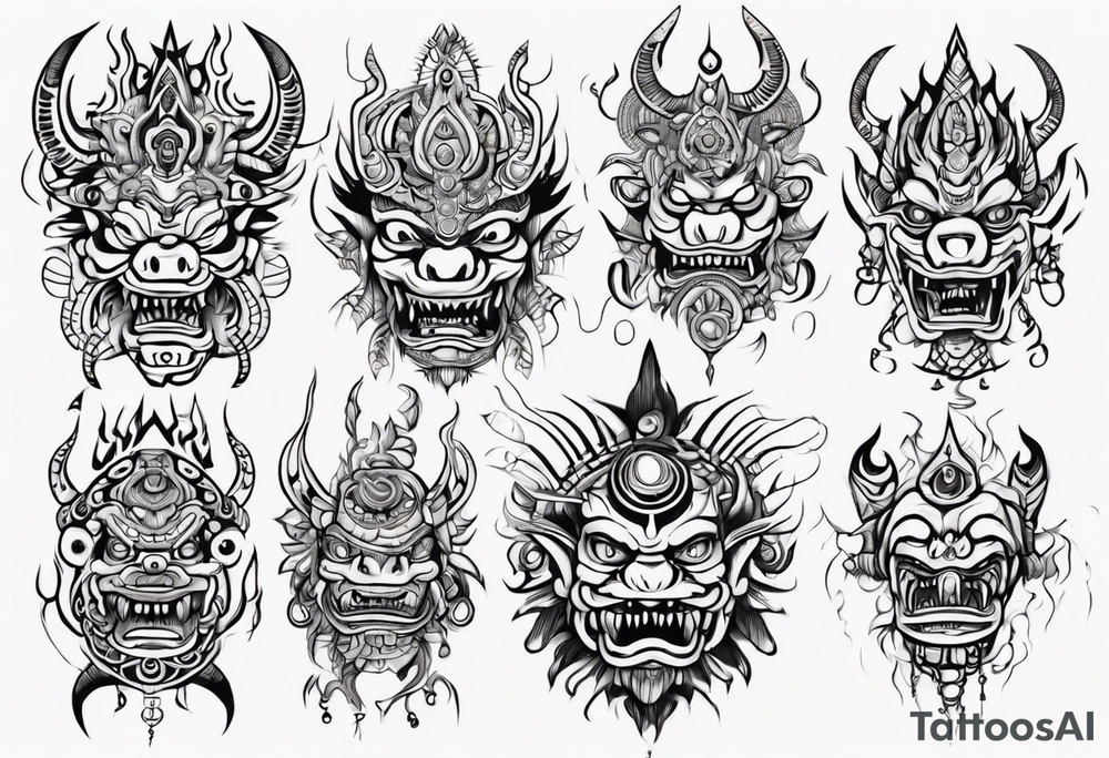 Hindu monster with connecting lines going out of it tattoo idea