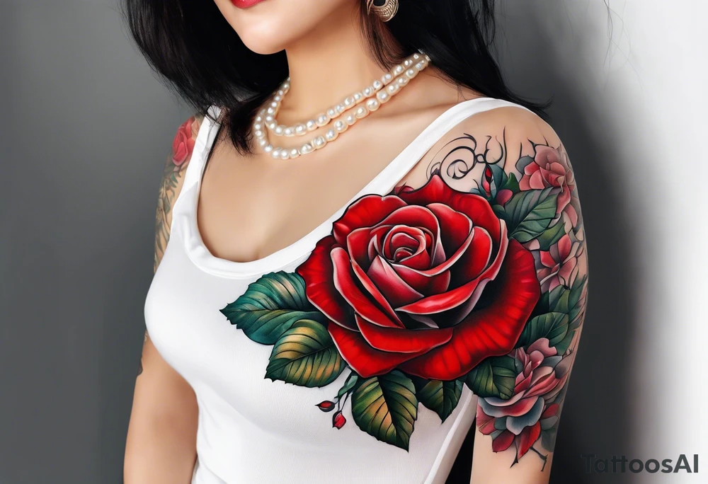 Red rose with a pearl necklace and a seashell tattoo idea