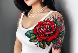 Red rose with a pearl necklace and a seashell tattoo idea