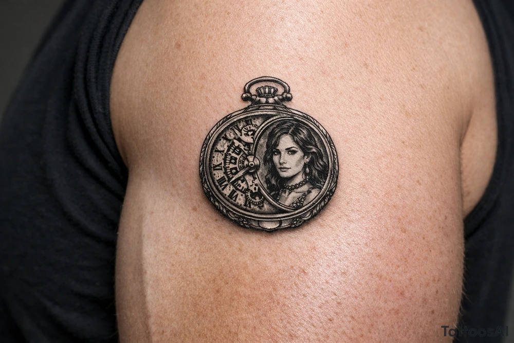 Victorian pocket watch, Margo's portrait inside, intricate brass clockwork mechanism. tattoo idea