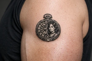 Victorian pocket watch, Margo's portrait inside, intricate brass clockwork mechanism. tattoo idea
