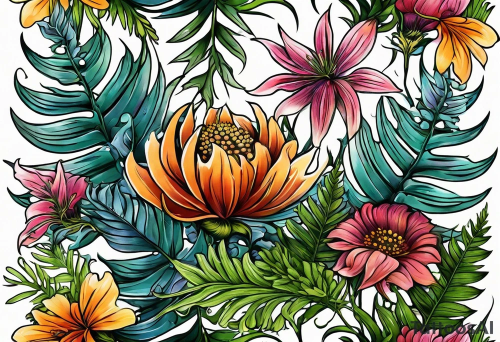 horizontal mixed wildflower with ferns and with color tattoo idea