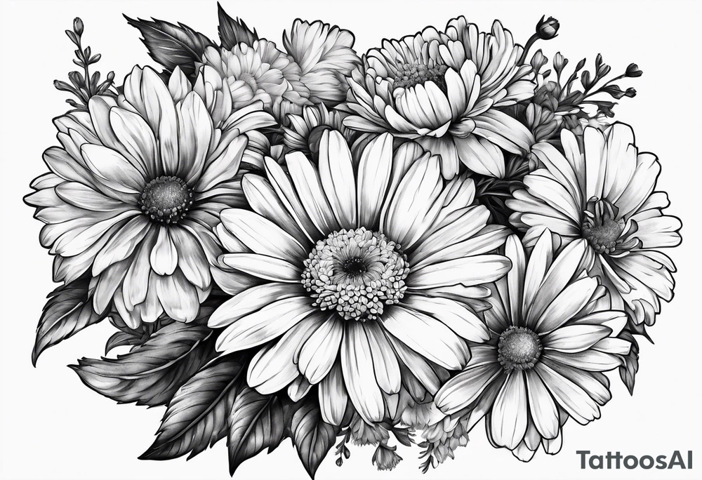 full bouquet of daisy, aster, and carnations tattoo idea
