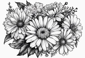 full bouquet of daisy, aster, and carnations tattoo idea