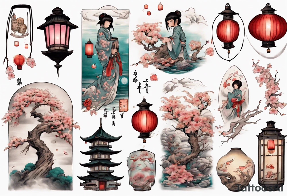 spirited away sleeve, chihiro uchigo, lanterns, blossoms, spirits, sen, tattoo idea