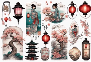 spirited away sleeve, chihiro uchigo, lanterns, blossoms, spirits, sen, tattoo idea