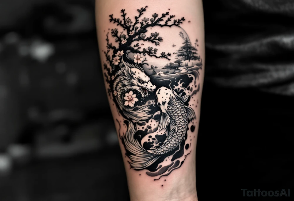 koi fish fighting a dragon with a sakura tree in the background, Japanese inspired piece tattoo idea