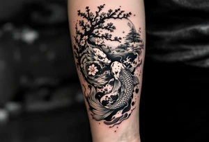koi fish fighting a dragon with a sakura tree in the background, Japanese inspired piece tattoo idea