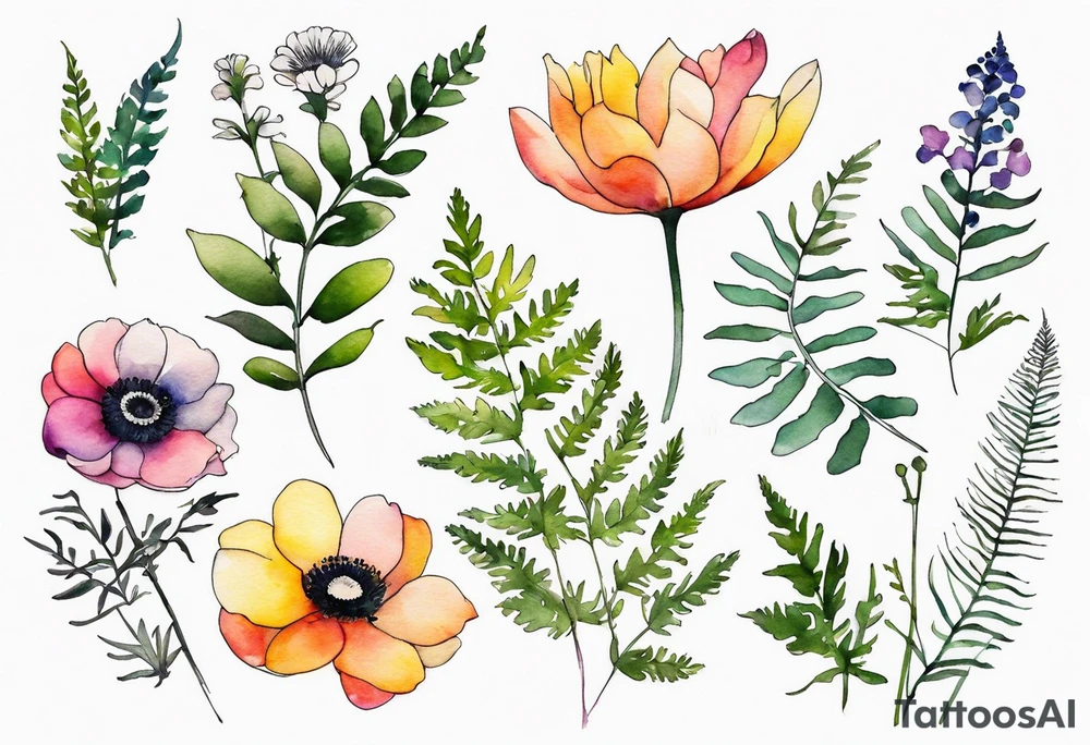 Minimalist Multicolored wild flowers with ferns and white anemone all watercolor tattoo idea