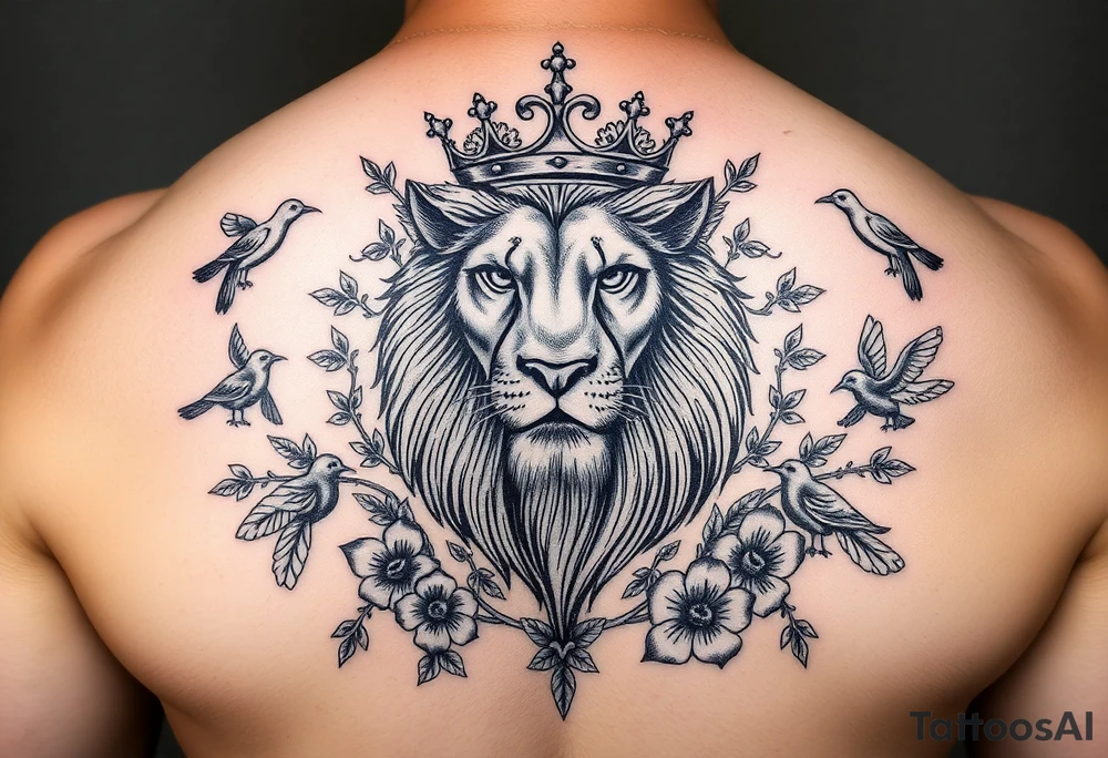 powerful majestic lion with a crown, surrounded by thorns  and floral ornaments and birds tattoo idea
