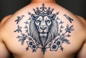 powerful majestic lion with a crown, surrounded by thorns  and floral ornaments and birds tattoo idea
